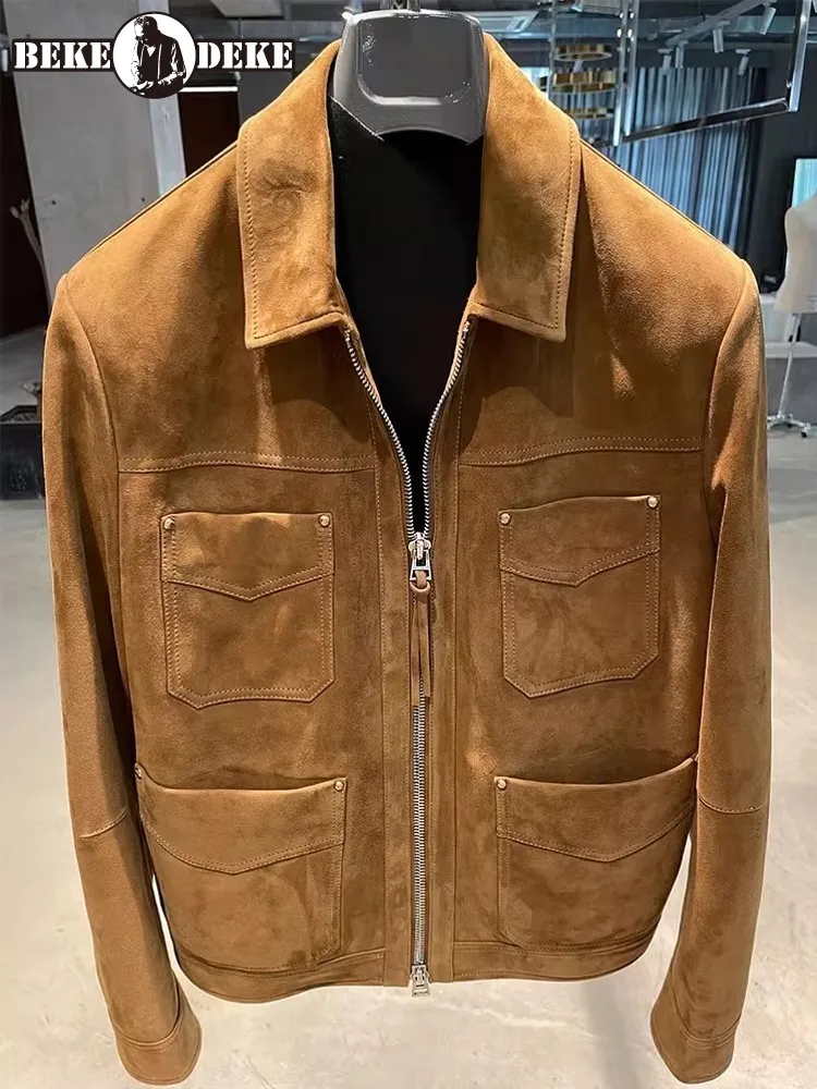 Italian Designer Luxury Mens Natural Suede Leather Jacket Autumn Multi Pockets Business Work Slim Fit Soft Real Leather Coat