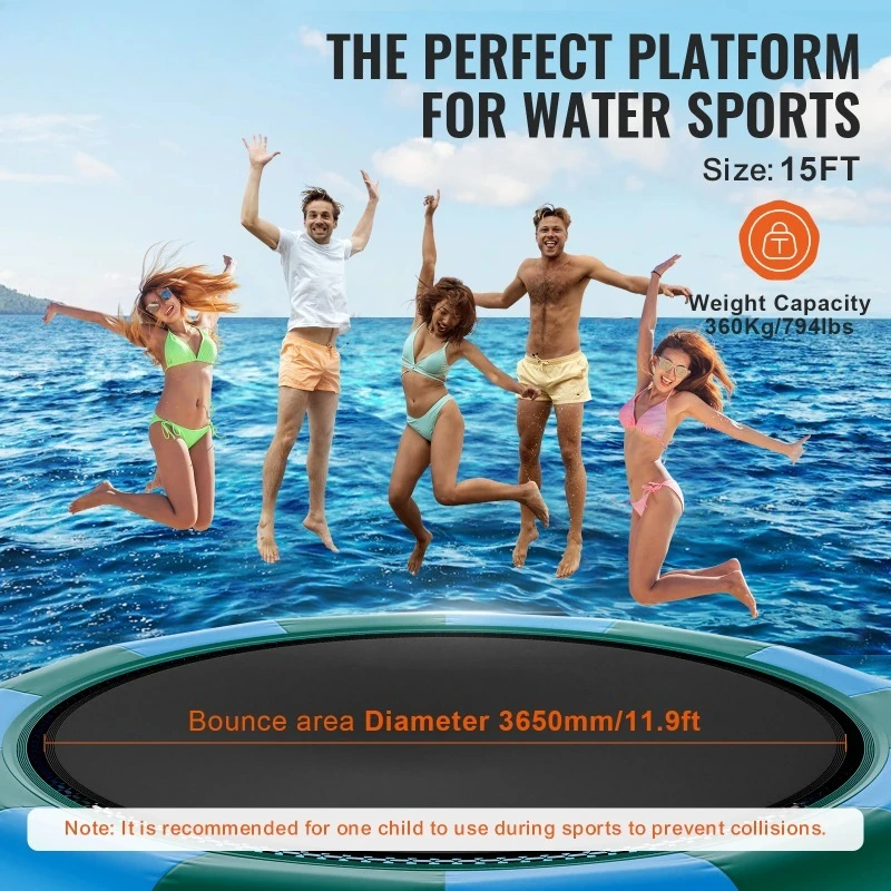 15ft Inflatable Water Bouncer Recreational Water Trampoline Portable Bounce Swim Platform with Ladder Electric Air Pump
