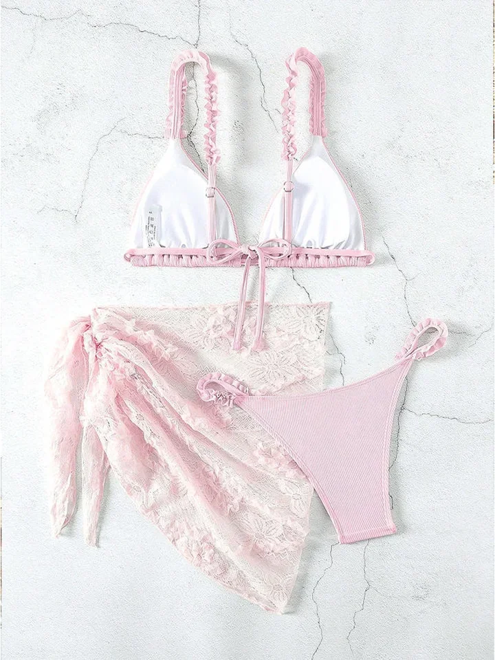 Vzvn Sexy Solid Beach Vacation Bikinis Women Split Swimsuit Bikini 2026 New All Season Backless Bandage Bikinis Mesh 3 Piece Set