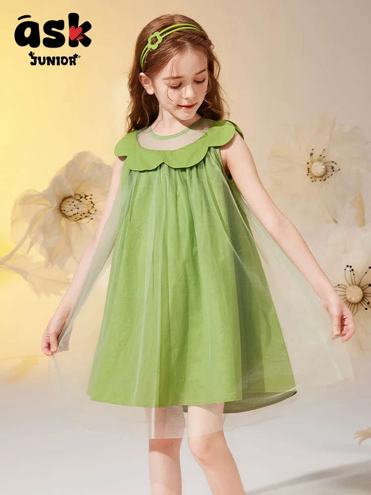 

Tween Girls Summer Sweet Mesh Style Sleeveless Lace Collar Dress