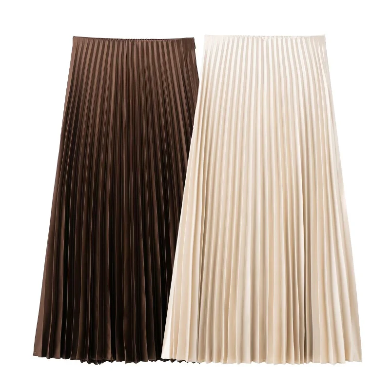 ETJ 2025 traf colección de primavera para mujer elegante moda cintura elástica A-line Falda plisada textura satinada de seda Falda plisada MIDI
