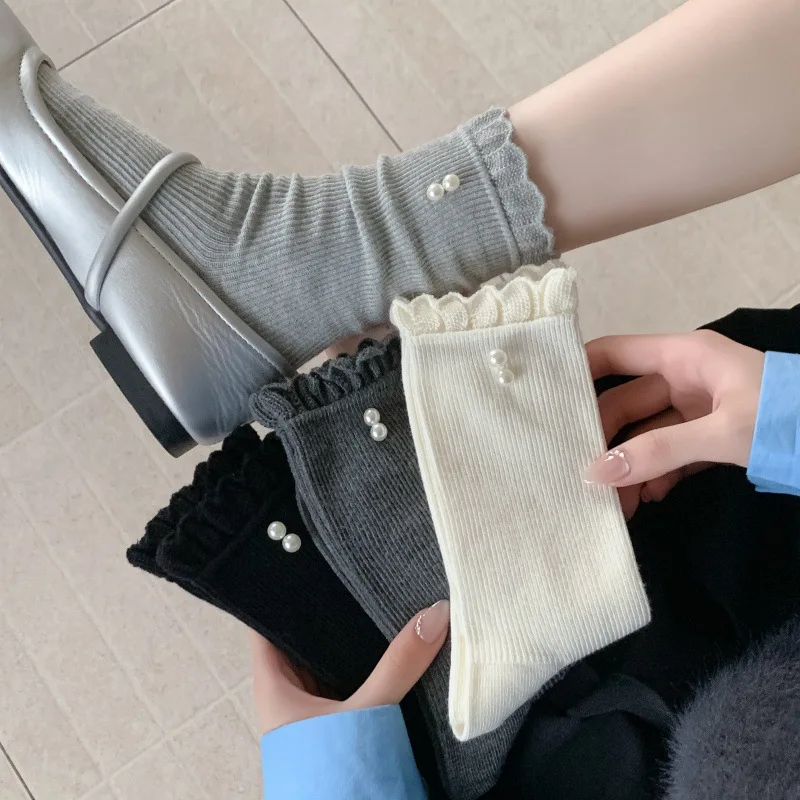 

Pearl Socks Women 2025 Autumn New Solid Color Double Needle Mid Cute Lace Lolita Socks