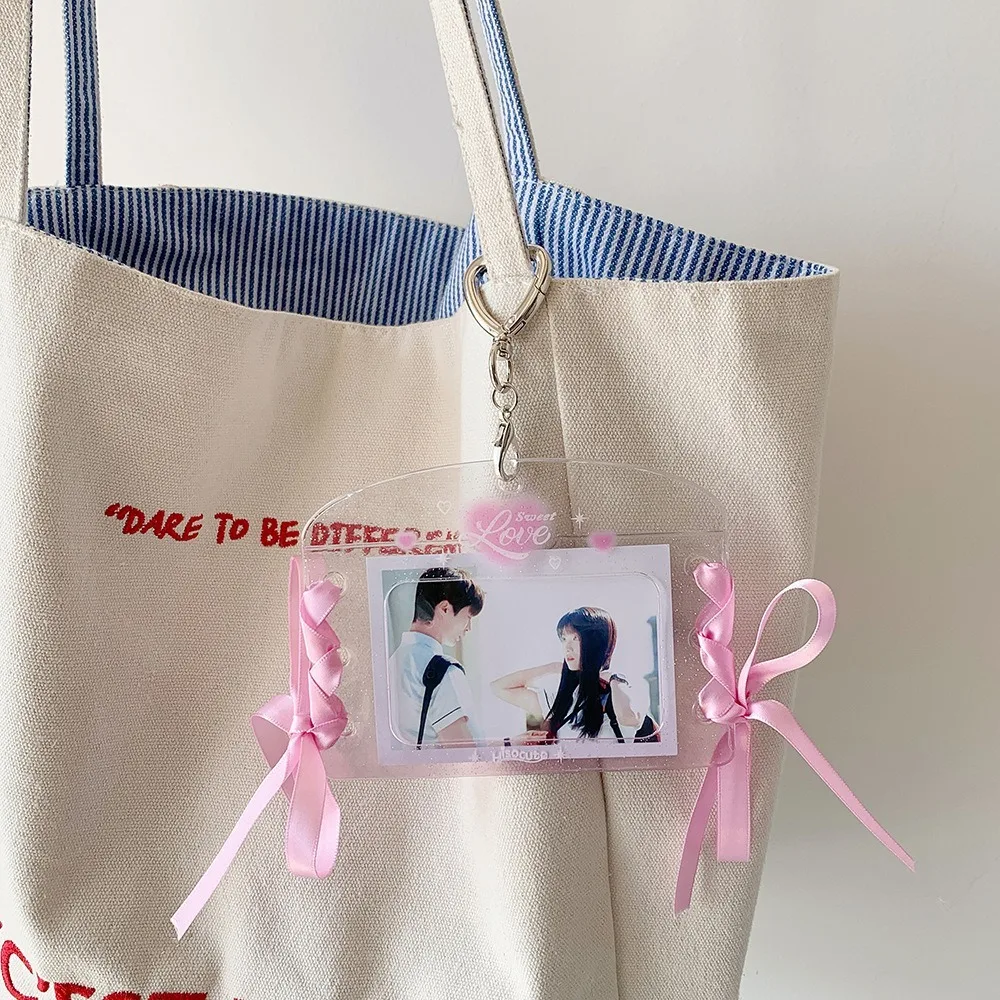 Nuevo soporte para tarjetas fotográficas con cinta de lazo dulce con llavero, funda para tarjetas fotográficas Kpop portátil, tarjeteros para tarjetas de identificación y autobús