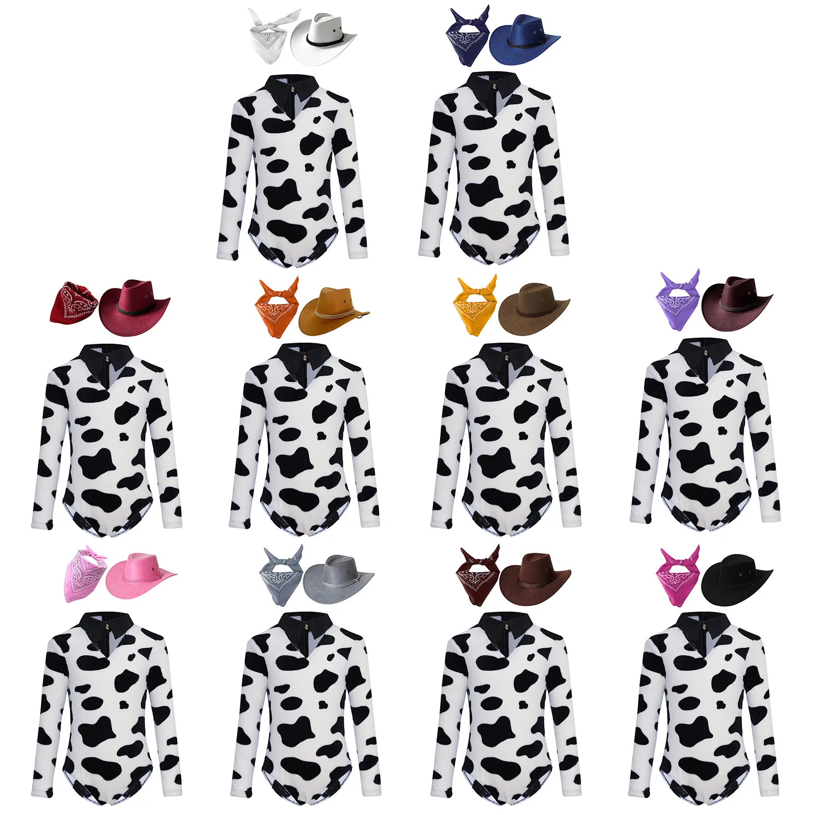 Animal Cosplay Costume for Cowboy Cowgirl Long Sleeve Fancy Cow Print Bodysuit with Bandanna Hat Carnival Halloween Fancy Dress