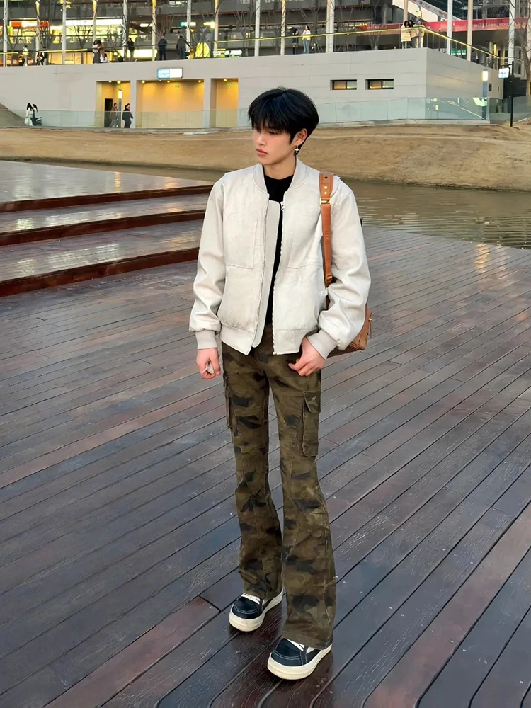 American Retro Camouflage Flared Jeans Men's Cleanfit Slim Fit Flared Pants Workwear Trousers Straight Tube Loose Fit Jeans
