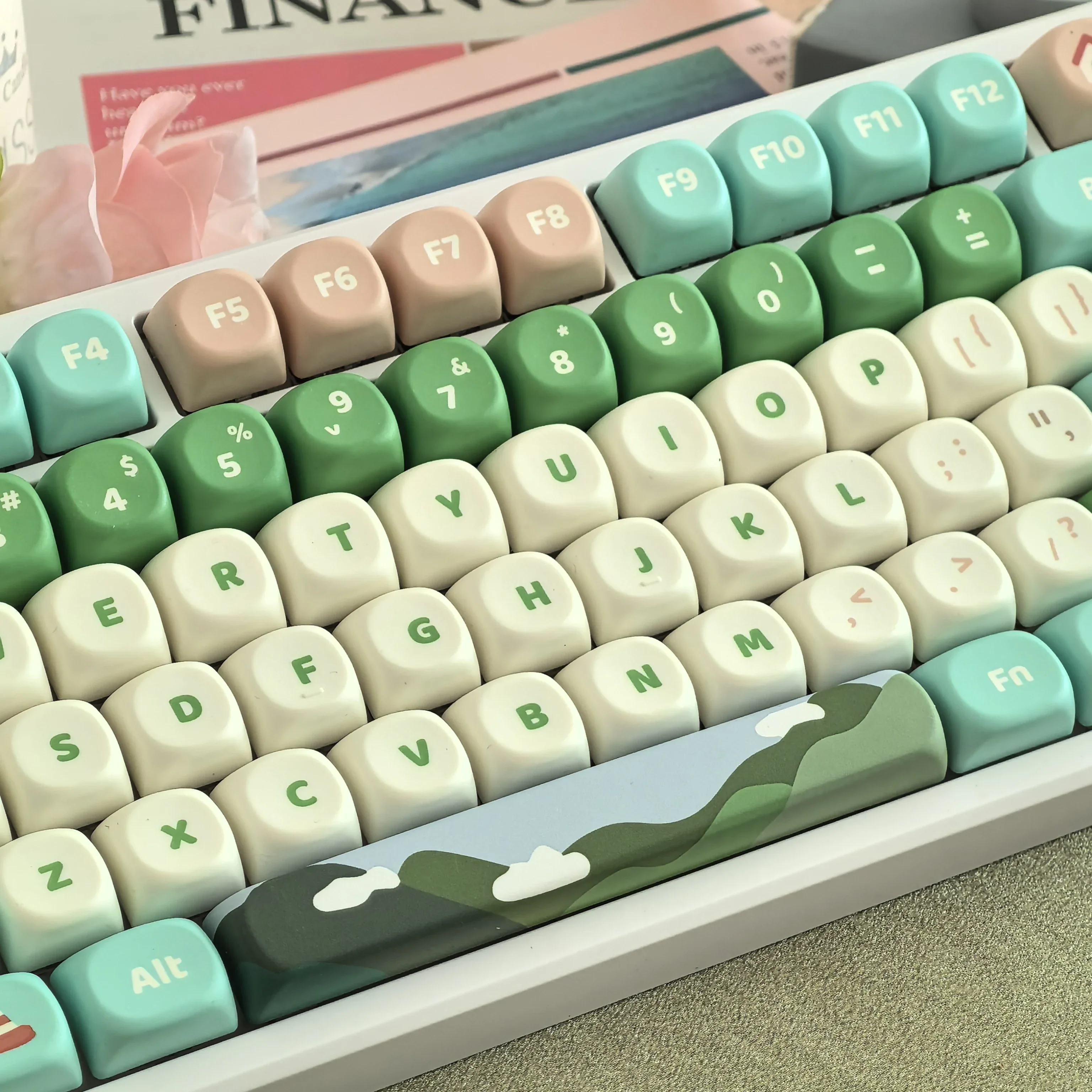 Imagem -03 - Keycap Verde e Bonito para Teclado Mecânico Elemento de Montanha Rosa Azul Branco Keycap Journey Theme Faça Você Mesmo Gift Altura Pbt 128 Chaves