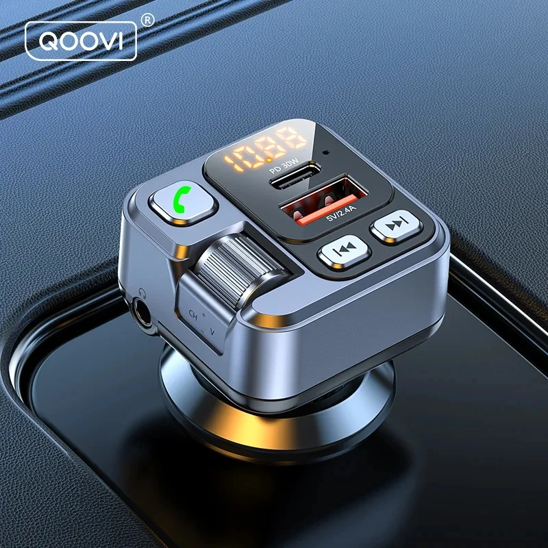 QOOVI FM Transmitter Car Charger Dual USB Type C Adapter Fast Charging PD 30W Bluetooth 5.1 MP3 Music Player For Mobile Phone