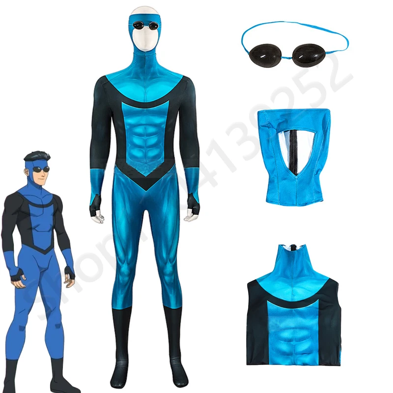 Invincible Mark Grayson New Suit Cosplay Costume Men Zentai 3D Print Jumpsuit Goggles Mask Set Halloween Male Fantasia Bodysuit