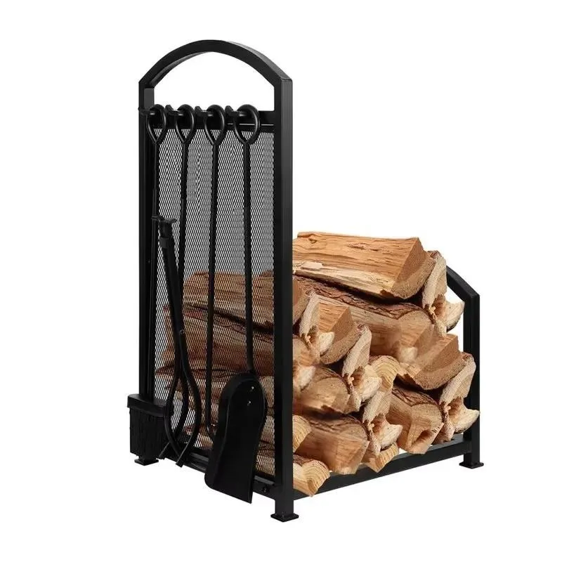 American Black Wrought Iron Floor Mounted Firewood Rack Fireplace Decoration Tool Holder Home Display Stand