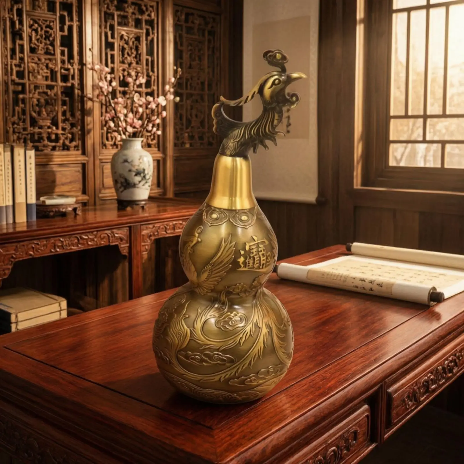 Brass Carving Sculpture Decorative Gourd Figurine Engraved Patterns Chinese Style for Display Shelf