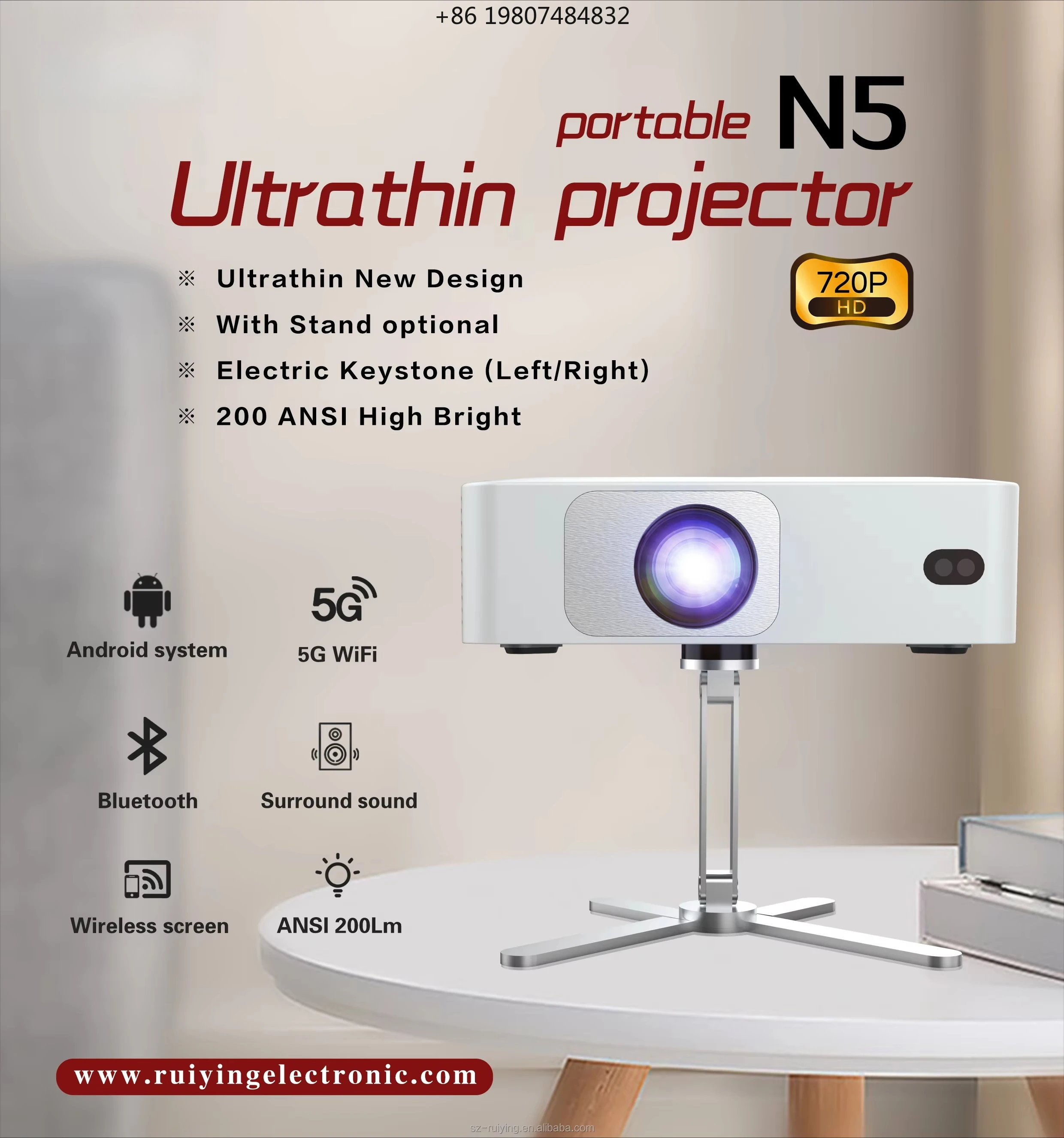 

Portable Projector Pocket Home Theater Projector Ruiying N5 Factory Direct Sales Android 720p Proyector