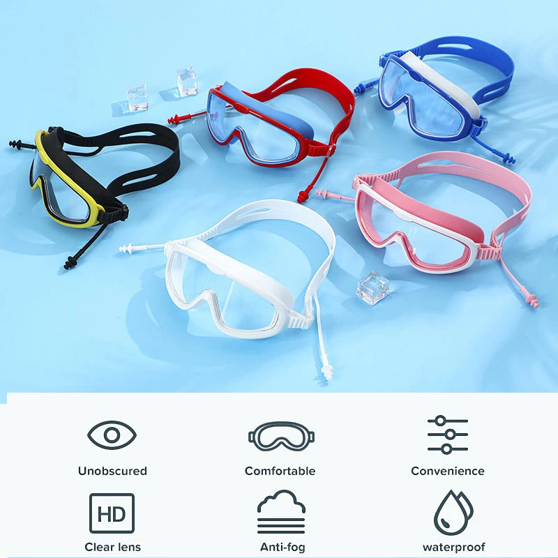 Kids Swimming Goggles with Earplugs,  Anti-fog Big Frame Swim Glasses for Children, Boys Girls Sport Eyewear