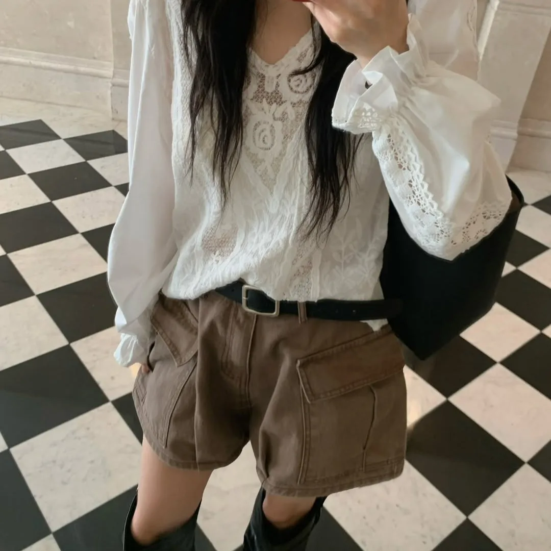 Korean Chic Vintage Lace Knitted Patchwork V-neck Hollow Bubble Sleeve Top Women's Loose Fit Long Sleeve Cotton Shirt