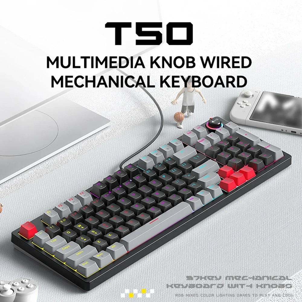 T-WOLF T50 Mechanical Keyboard 96 Keys Wired Gaming Keyboard with Knob RGB Backlit Blue Axis Multimedia Esports Keyboard For PC