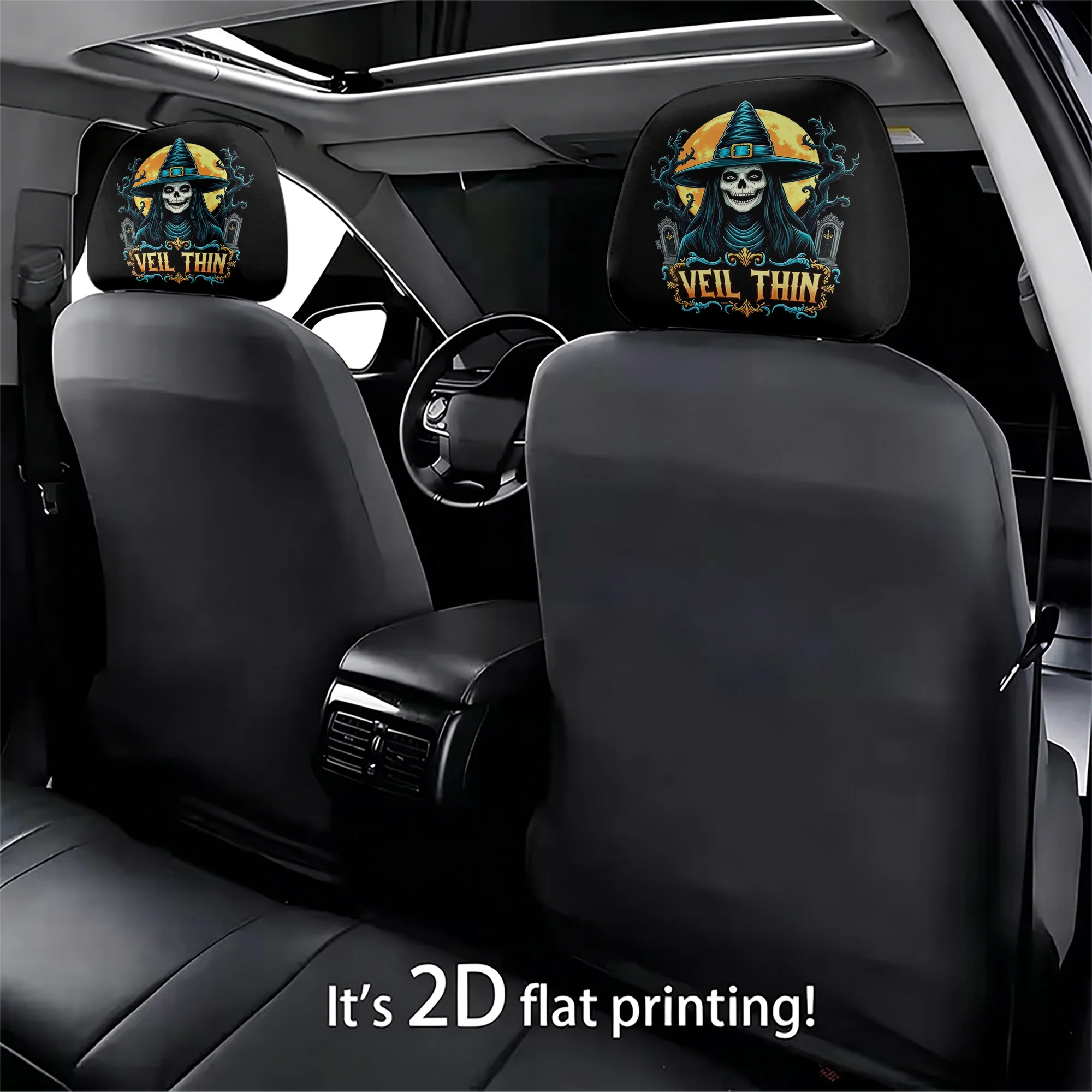 2pcs car headrest covers featuring a spooky witch and skull design, adding a gothic flair to your car’s interior. Does not inclu