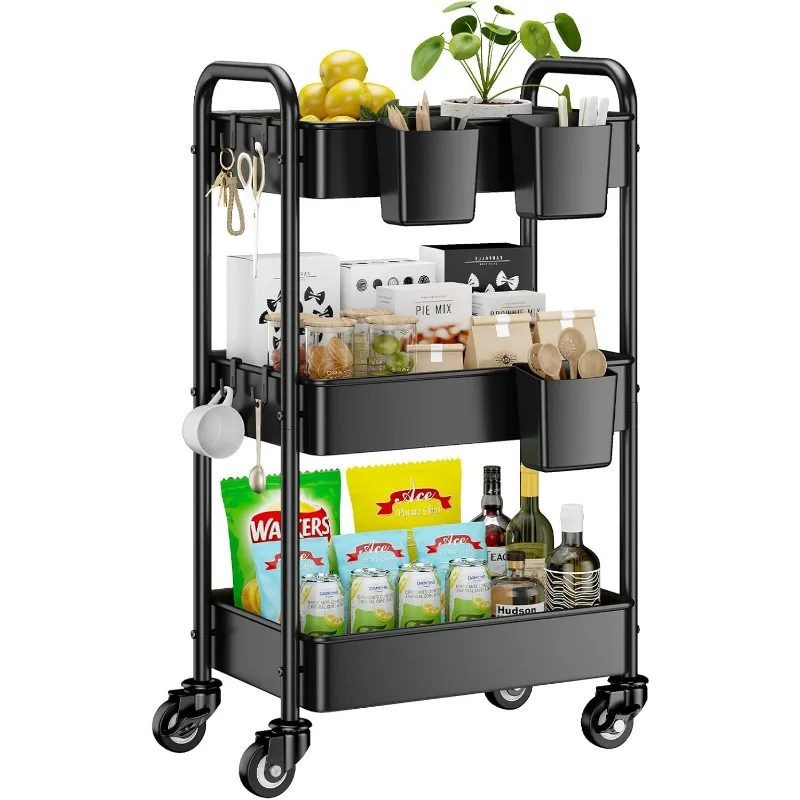 3 Tier Rolling Cart - Metal Utility Cart with Wheels, Hanging Cups, Hooks, Heavy Duty Mesh Rolling Storage Cart Organizer,