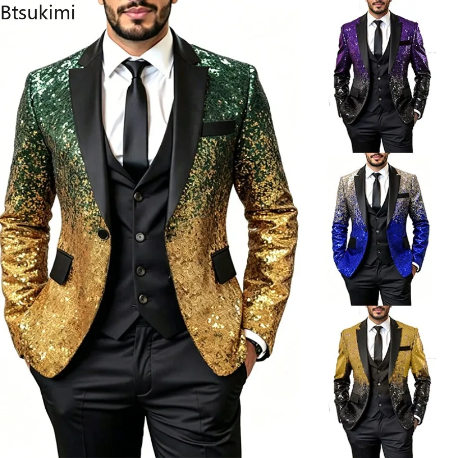 Shiny Sequins Tuxedo Jacket for Men Fashion Gradient Lapel Formal Suit Single-button Jackets Party/Wedding/Stage Perform Costume