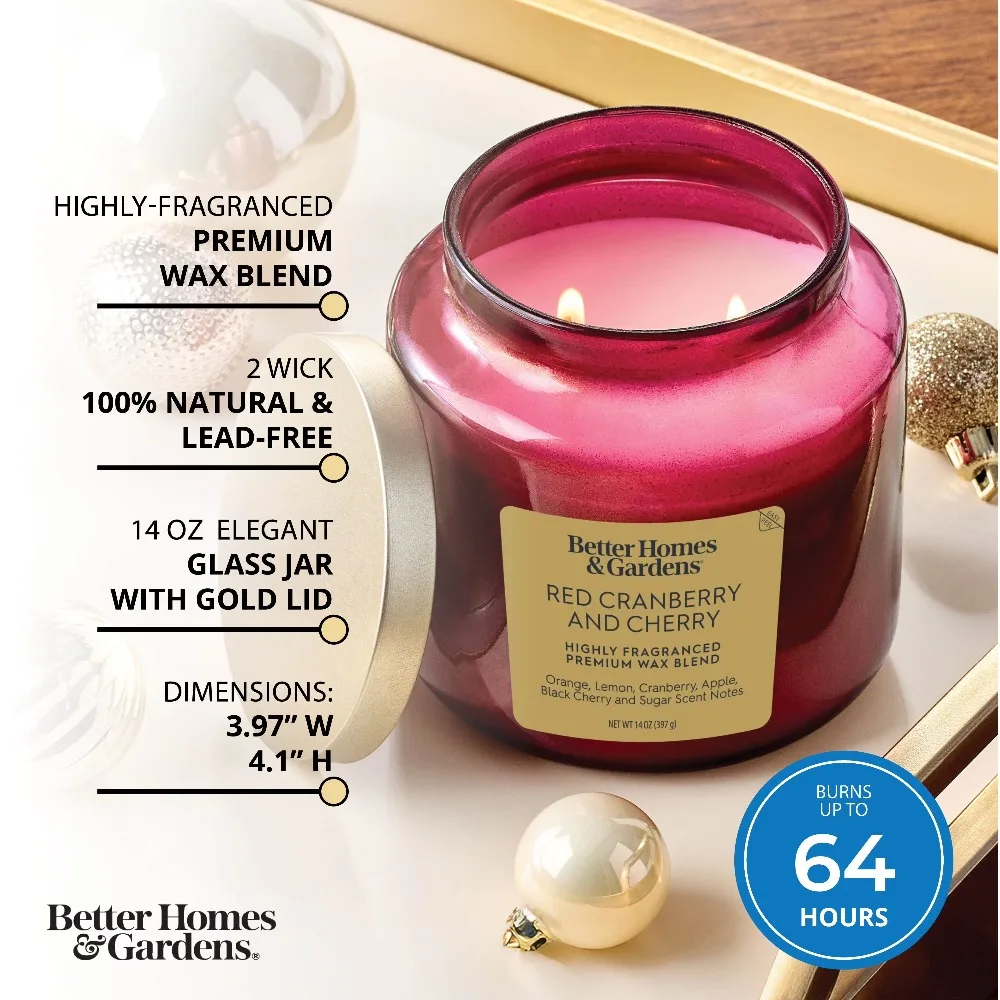 Red Glass Jar Candle with Gold Lid Red Cranberry Cherry Scented Home Decor Fragrance Candle 14 oz