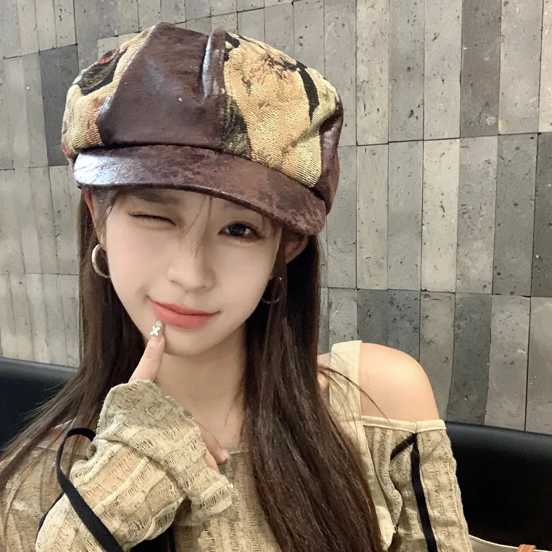 

New Trendy Retro PU Leather Splicing Berets Cap For Women Summer Autumn Outdoor Travel Sunscreen Versatile Casual Octagonal Hats