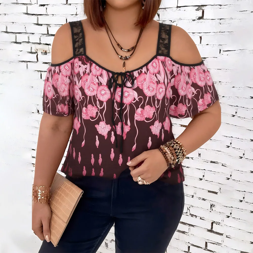 حجم كبير المرأة المطبوعة الأزهار الدانتيل الباردة الكتف كم تي شيرت تونك القمم الصيف السيدات بلوزة كاجوال بلوزة حجم 1XL-5XL