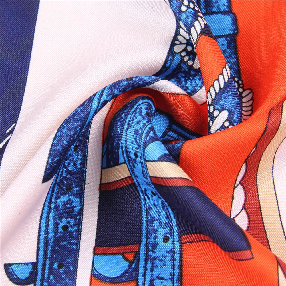 Wheel Print Twill Silk Scarf Women 90CM Square Scarves Wraps Shawl Luxury Brand Hijabs Bandana Handmade Curled Silk Head Scarf