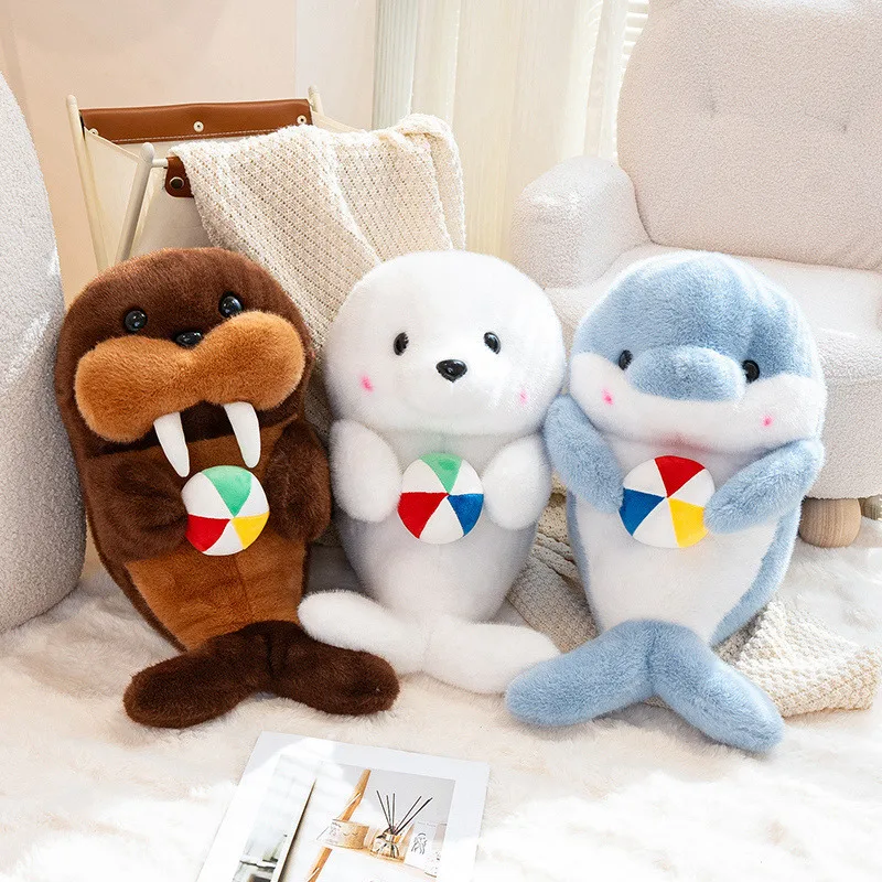 Marine-Aquarium-Serie Tier-Plüschtiere: Kuscheltier-Delfin, Robbe, Walross mit Ball, Weiche, Mollige Cartoon-Dekokissen für Zuhause
