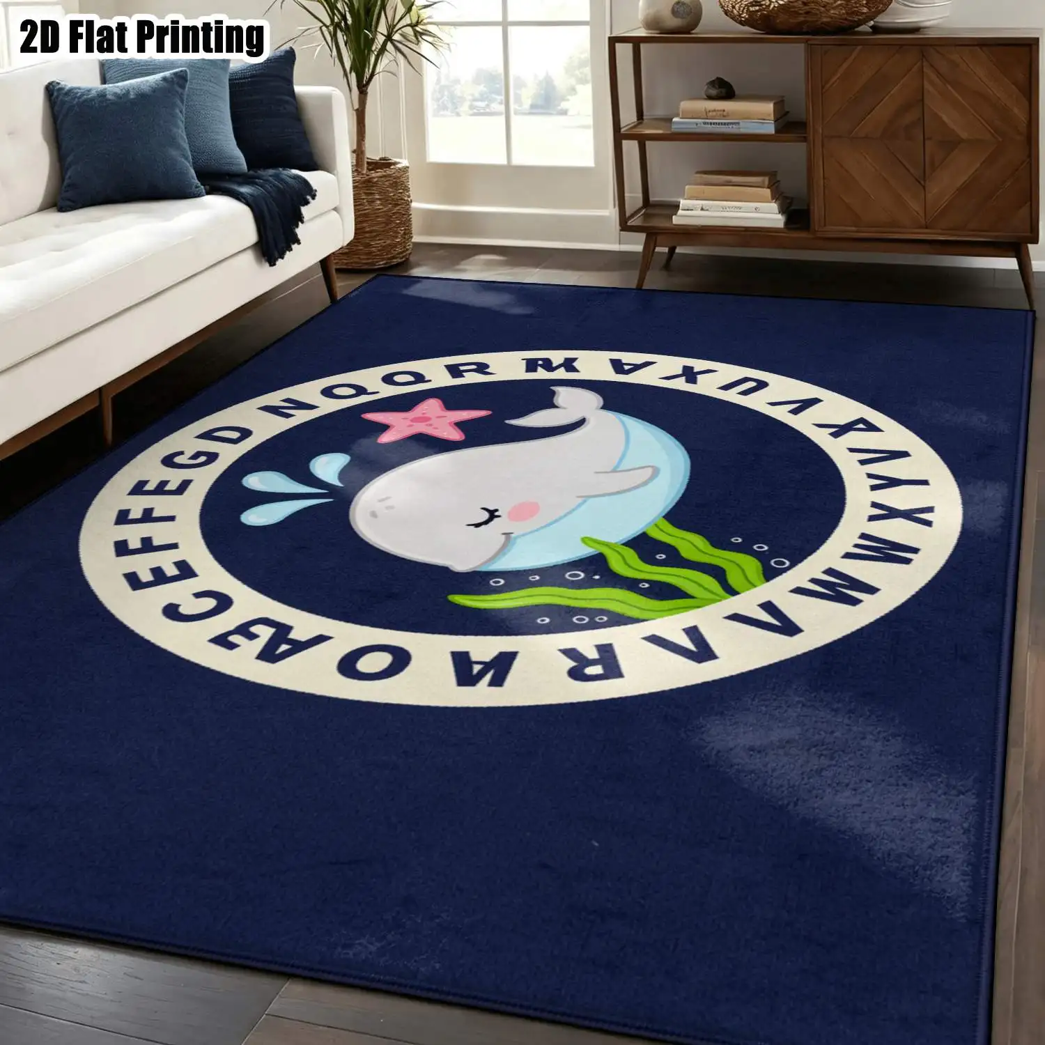 1Pc 2D Printed Carpet: Navy Base, Cartoon Whale & Starfish Patterns, Instagram-Style, Modern Simple, Home Decor, Multiple Sizes, Machine Washable, Multi-Scene Use