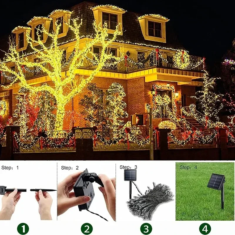 Outdoor Solar LED Christmas Fairy String Lights 8 Modes Waterproof Lamp for Garden Patio Wedding Holiday Yard Scene Decor