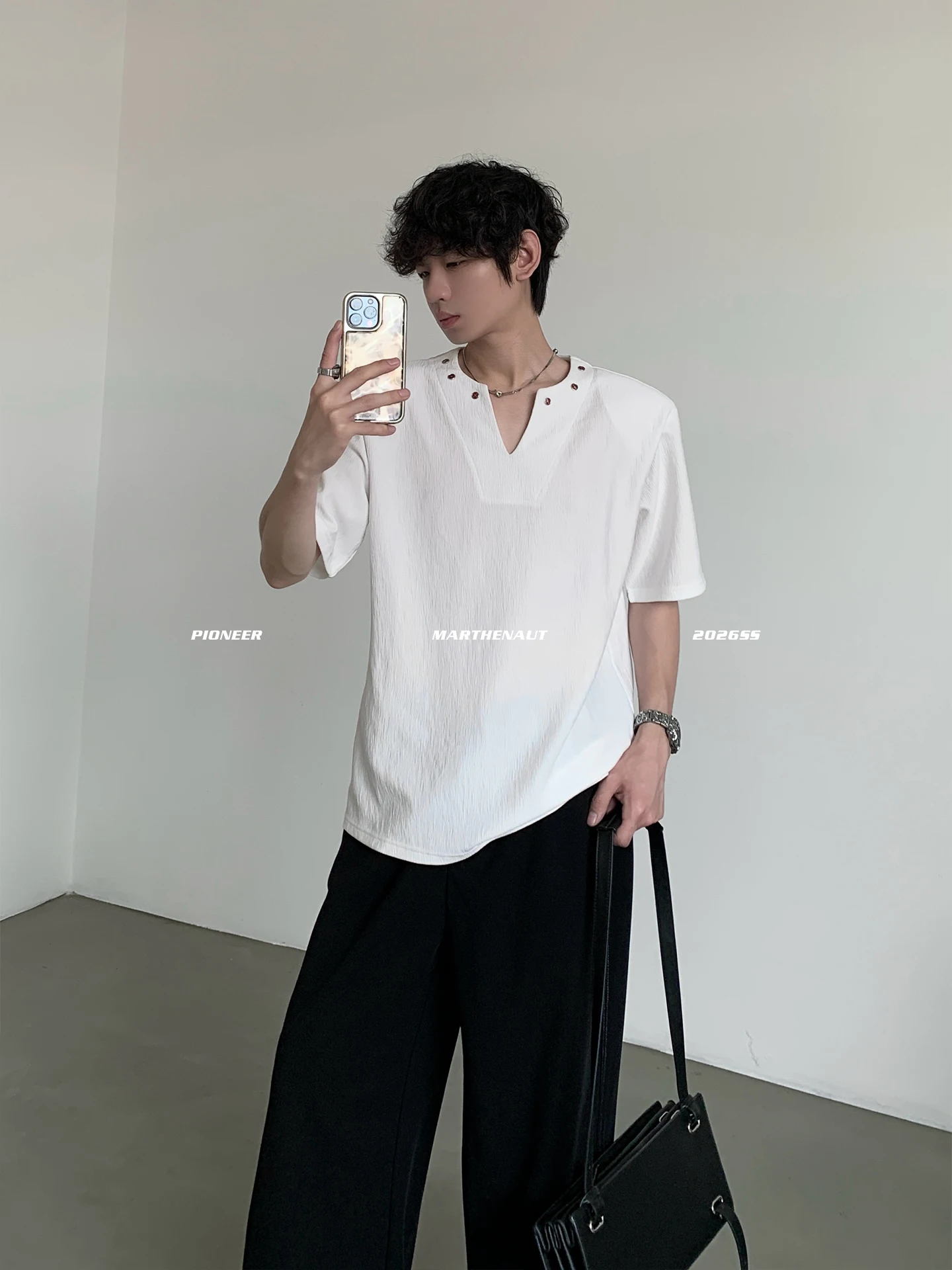MARTHENAUT Original V-Neck Metal Buckle Short Sleeve T-Shirt Breathable Summer Texture Trendy Top Universal Fit Loose Style