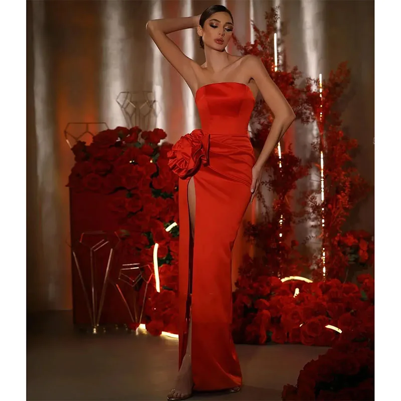 

2024 Straight Satin Women Evening Dresses Strapless High Slit Women Formal Birthday Party Gowns Prom Dress Robe De Soiree