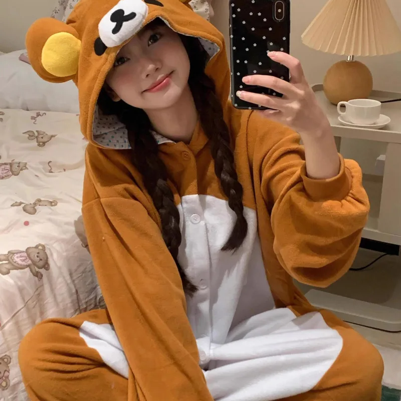 Rilakkuma Onesie Pajamas Cute Bear Embroidered Pajamas Stylish Women\'s Autumn And Winter Hooded Warm Jacket New Cartoon Pajamas