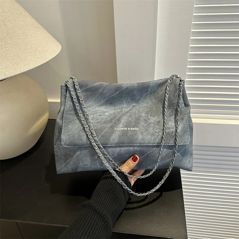 Retro Large Capacity Denim Crossbody Bag Women\'s New Western Versatile Chain Casual Big Shoulder Bag Luxury Brand Shoulder Bag