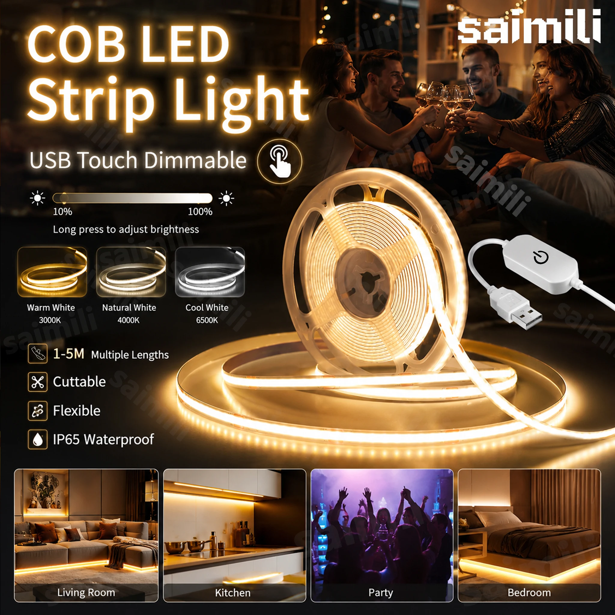 COB LED-Streifenlichter 5V Hochdichte Lineare Beleuchtung mit Touch-Dimmer Flexibles Dioden-LED-Band für Heim- und Partydekoration