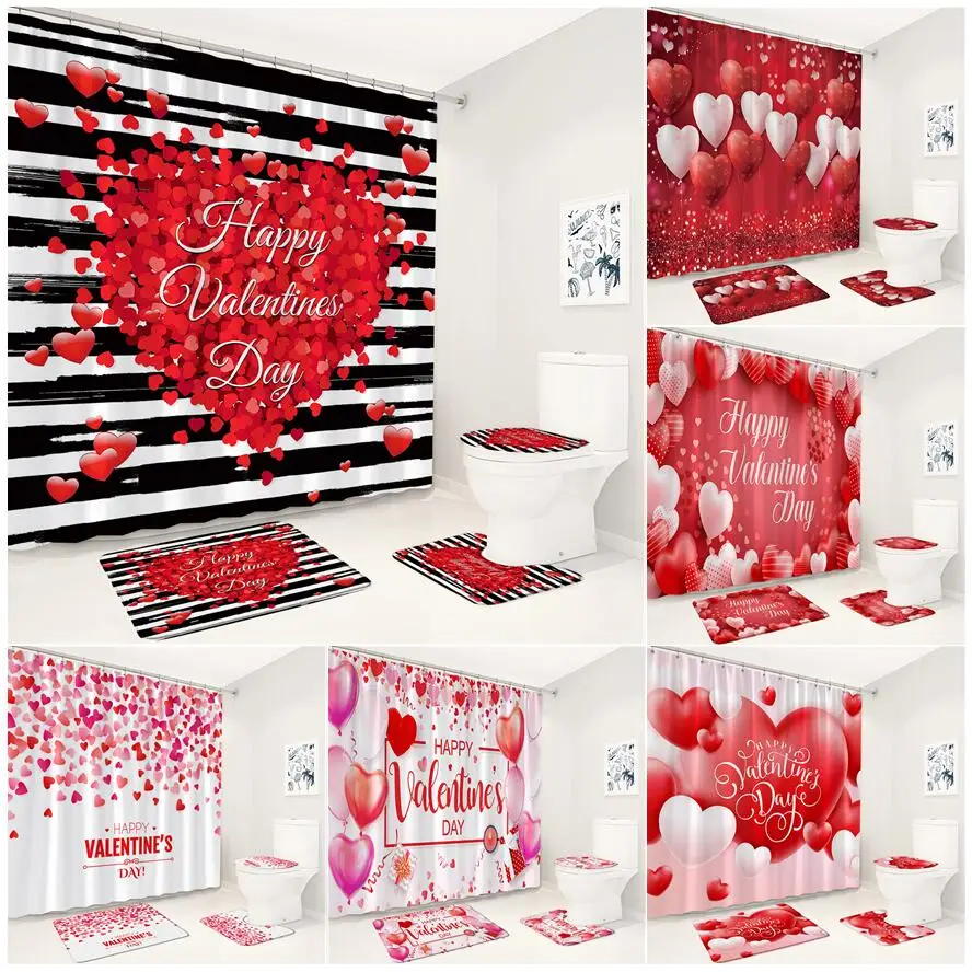 Valentine's Day Shower Curtain Set Red Heart Balloon Rose Black White Stripes Bathroom Decor Non-Slip Rug Bath Mats Toilet Cover