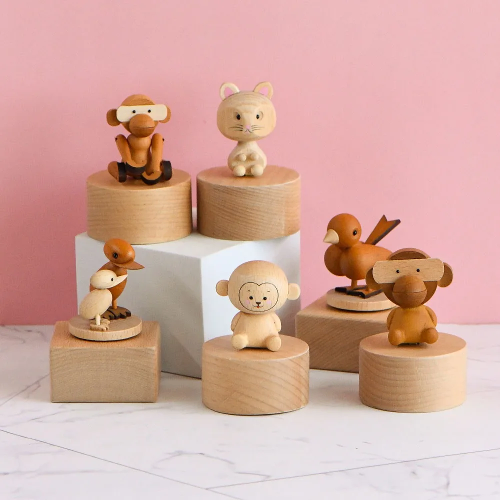 Creative Monkey Panda Bird Bear Mini Solid Wood Music Box Cute Animal Children's Birthday Christmas Gift Home Decor Decoration