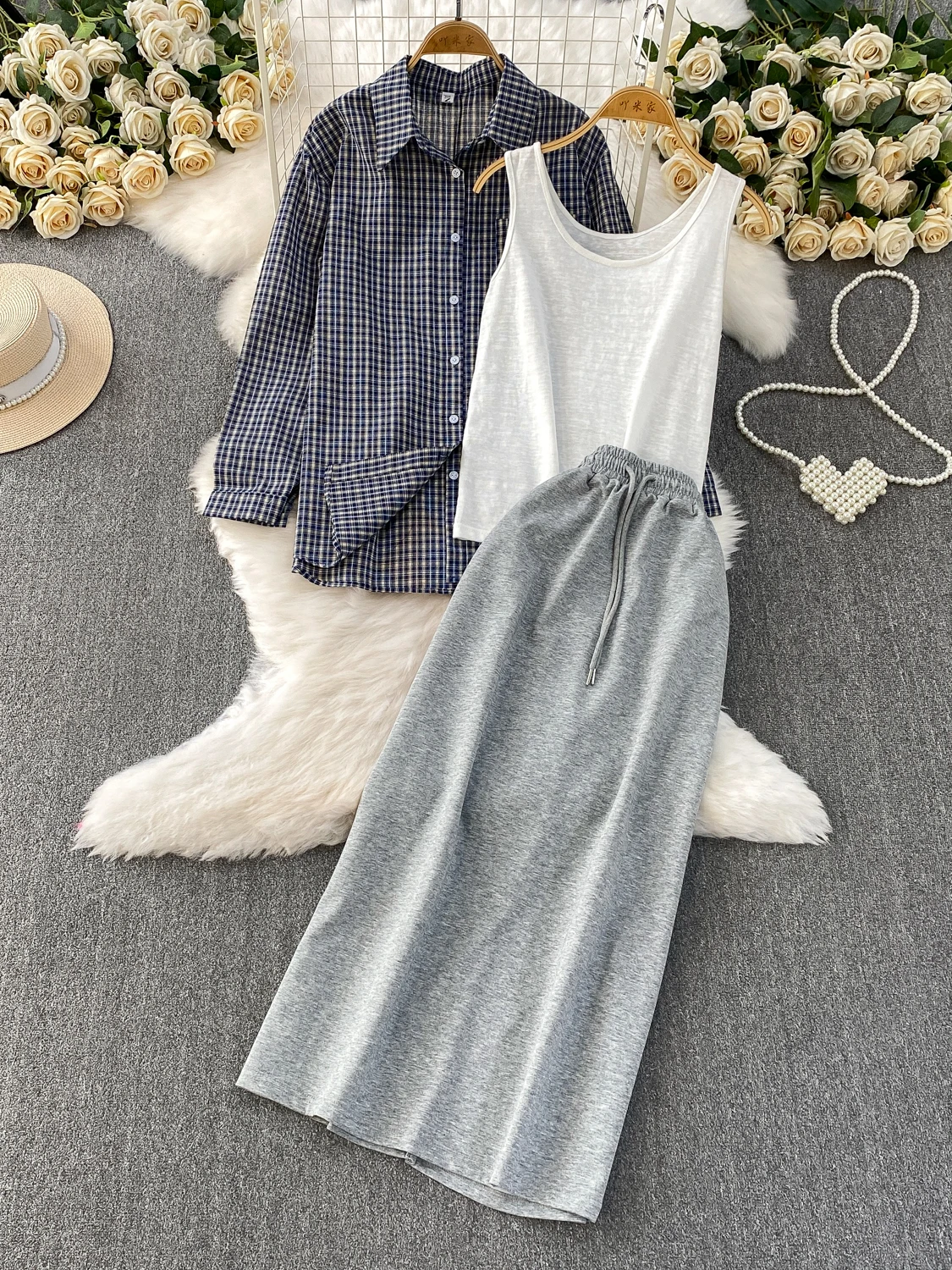 

Длинный свек с клетчатым воротником для девочек, защита от солнца, жилет-основа, юбка Ele, комплект из футболки, модная повседневная одежда