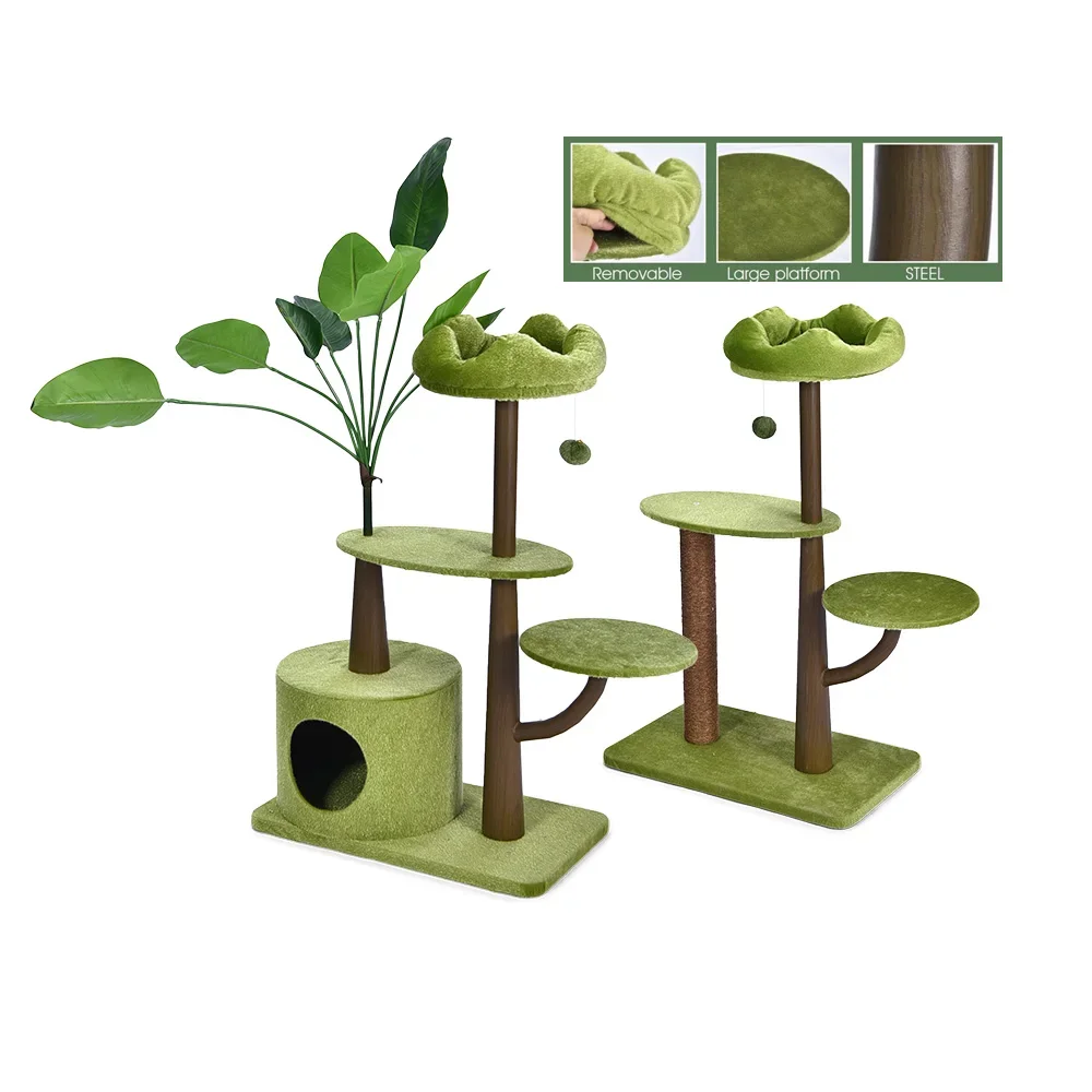 Manufacturer Home Decorative Cat Furniture Solid Steel Cat Tree Condo Large Platform Green Plants Cat Climbing Frame