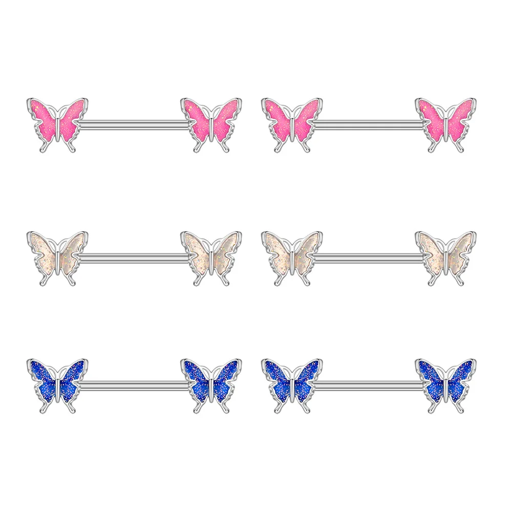 

Butterfly Nipple Rings Straight Barbell Pink Fashion Body Piercing Jewelry 14G 16mm Surgical Steel