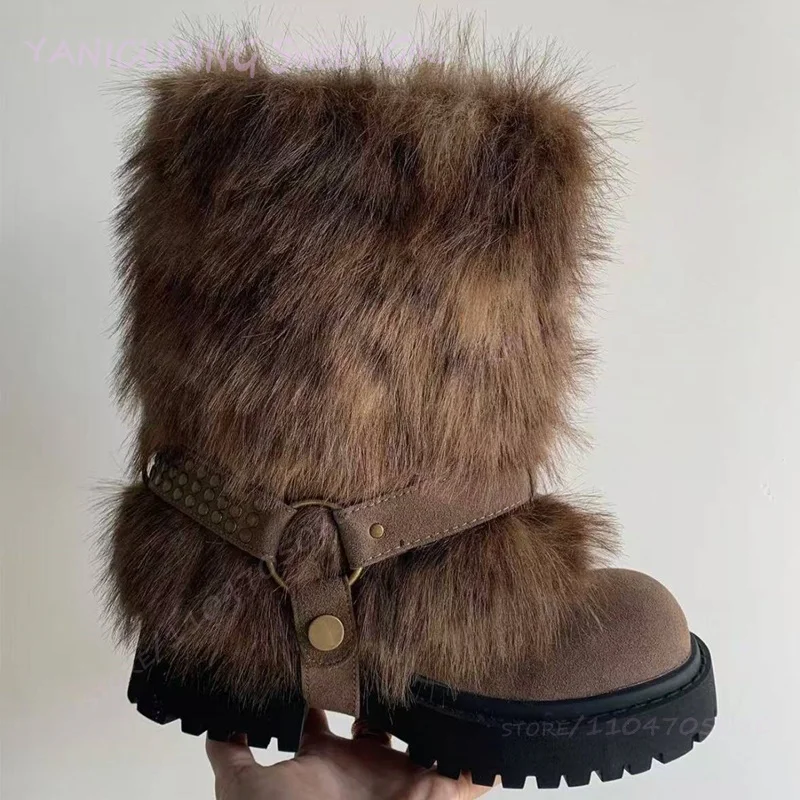 

Light Gray Ankle Length Fleece Trimmed Flat Shoes Girls Winter Style Brown Round Toe Booties Casual Shoes Belt Buckle Concise