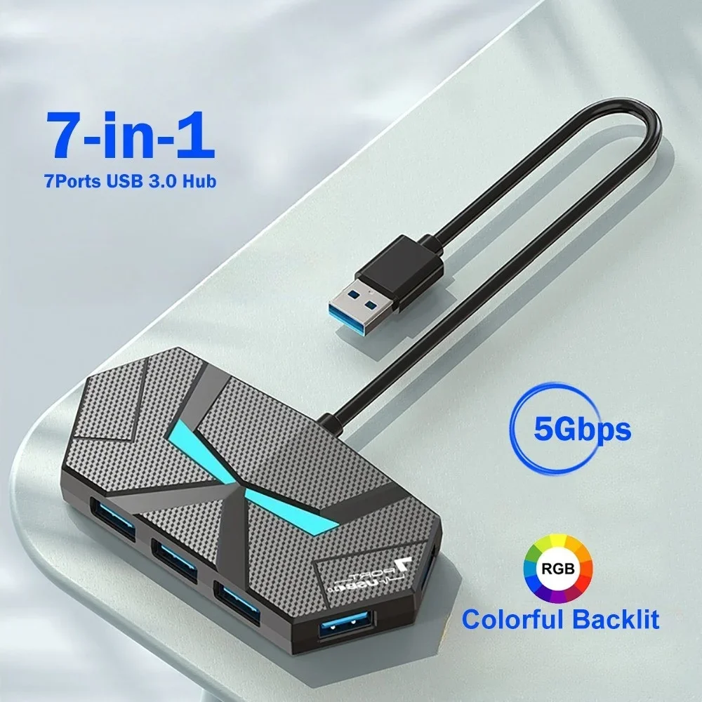 USB 3.0 HUB 4/7 منافذ نوع C محطة إرساء RGB ضوء 5Gbps عالية السرعة نقل الفاصل محول لأجهزة الكمبيوتر المحمول لوحة مفاتيح وماوس