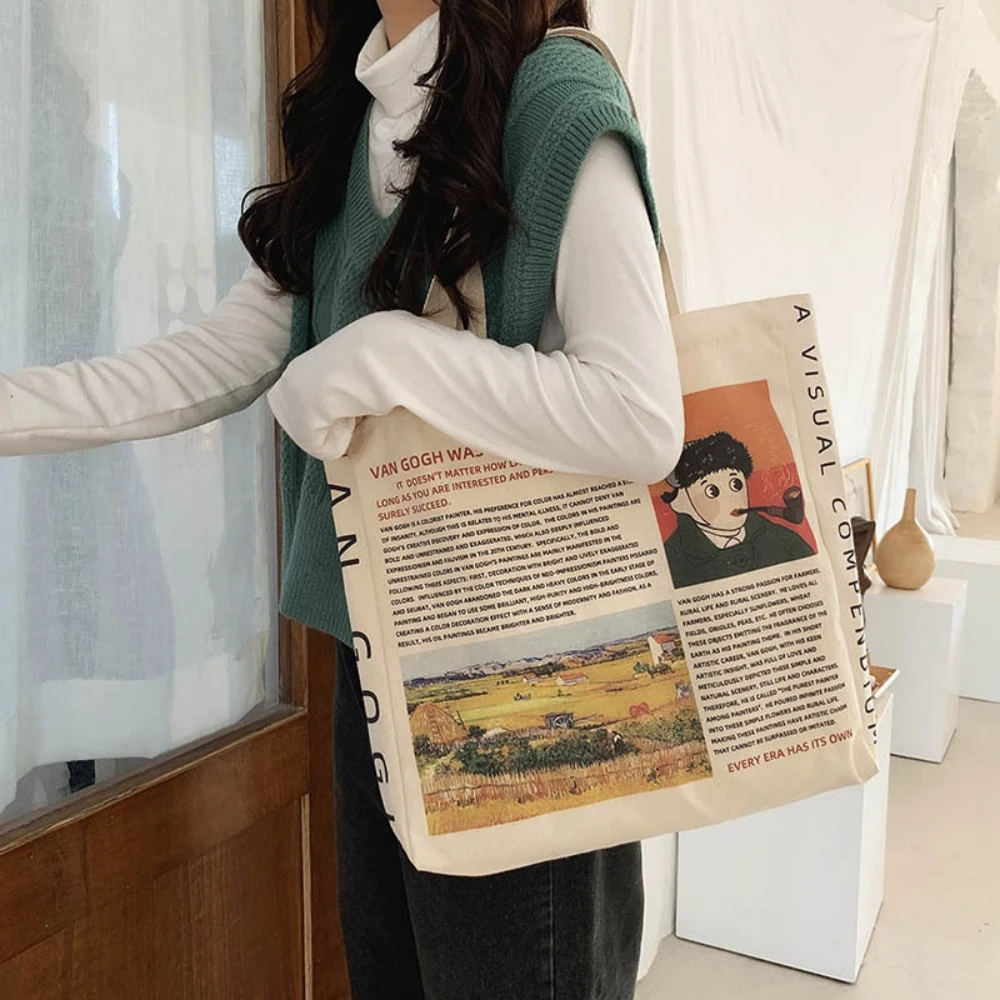 Cartoon Character Women's Shopping Bags Retro Literature Art Canvas Shoulder Bag Fashion Handbags Tote Bags for Girls Bolsos