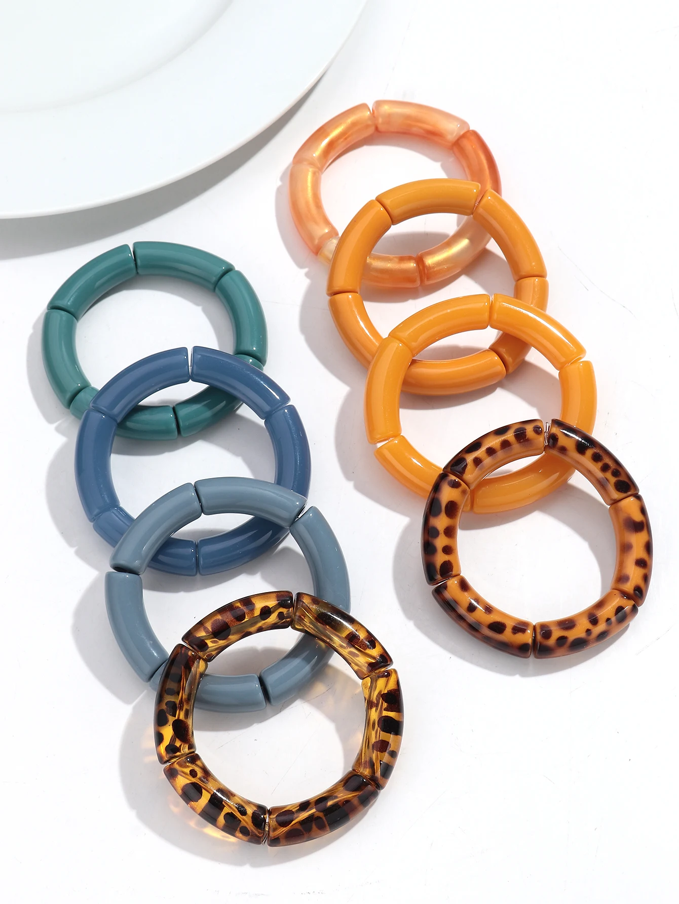 Fashion Leopard Curved Tube Beads Stretch Bracelets Set Stackable Bamboo Beaded Bangle Bracelet for Women New Jewelry Gifts