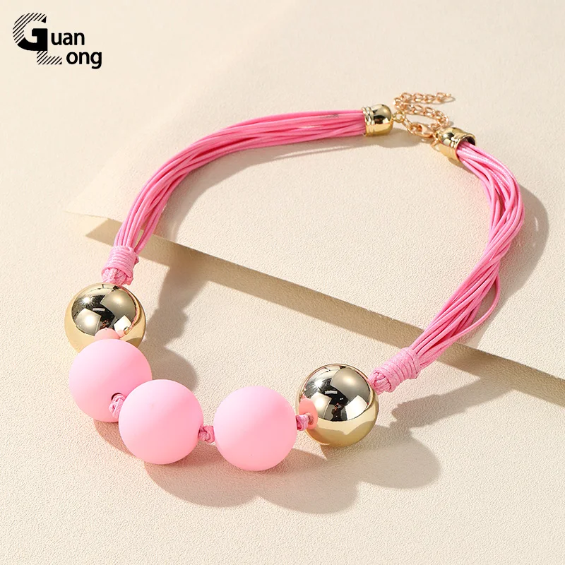 GuanLong Korean Multilayer Rope Beaded Chain Necklace for Women Colorful Big Beads Pendants Necklaces For Girls Choker Jewelry