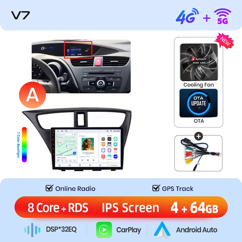 Junsun draadloze CarPlay Android Auto autoradio voor Honda Civic Mk9 (FK/FB) 2011-2017 met ingebouwde koelventilator, Android GPS navigatie, multimediaspeler, WiFi, DSP, RDS, BT, SWC, IPS touchscreen,