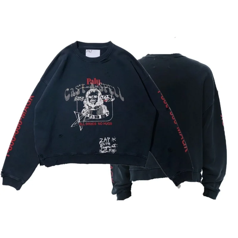 Men Ghost Rhinestone Letter Sweatshirt Distressed Ripped Gothic Washed