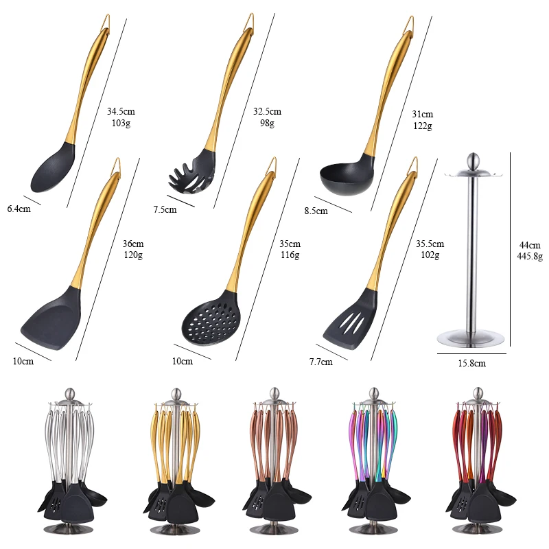 1-7PCS/Set Silicone Cooking Tool Set Rainbow Cookware Kitchen Utensils Non-stick Soup Ladle Spatula Steel Handle With Holder