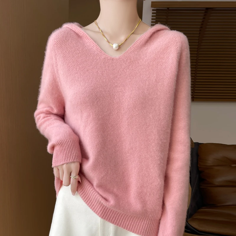 New women's sweaters in autumn and winter 100% merino wool pullover cashmere V-neck hooded Gui Huazhen solid color loose top