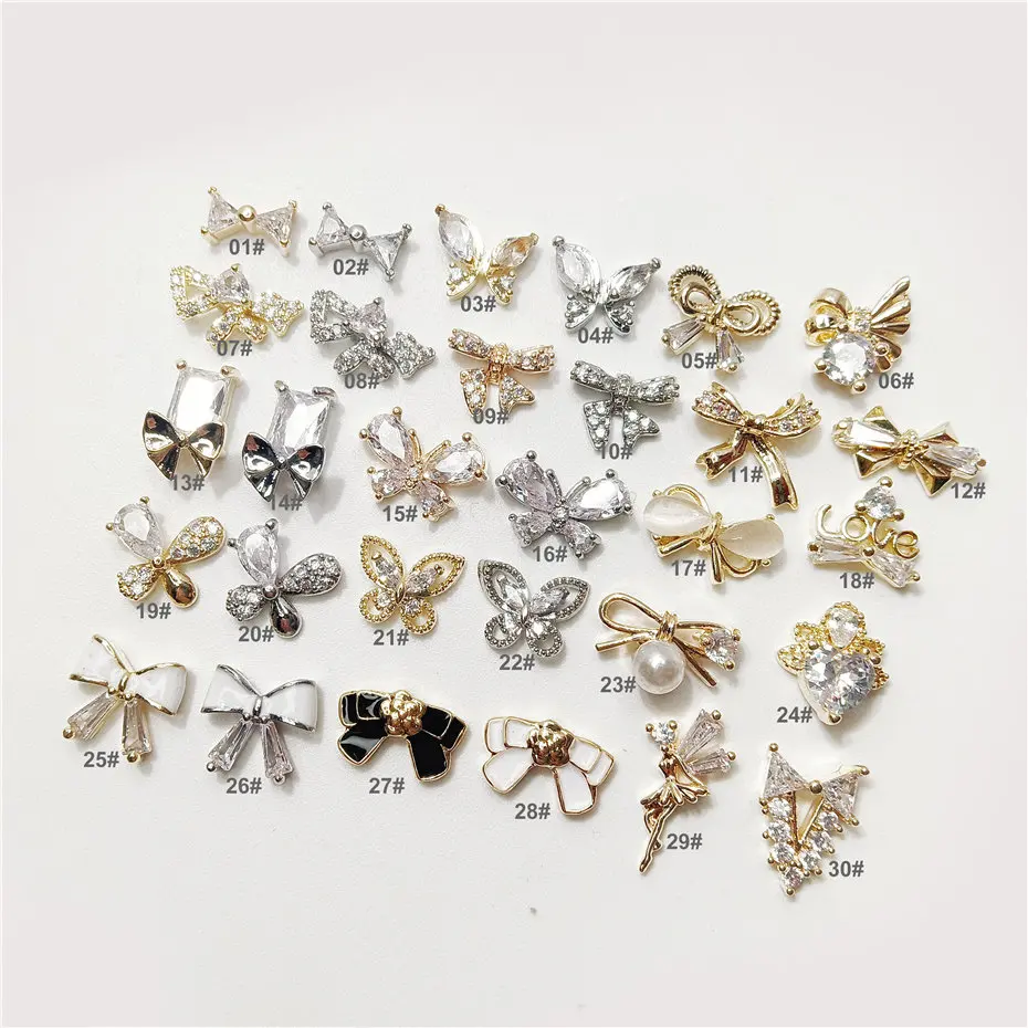 10pcs/lot Luxury Kawaii Bow Butterfly Alloy Nail Art Zircon Pearl Metal Manicure Nails Accessories DIY Nail Decorations Charms