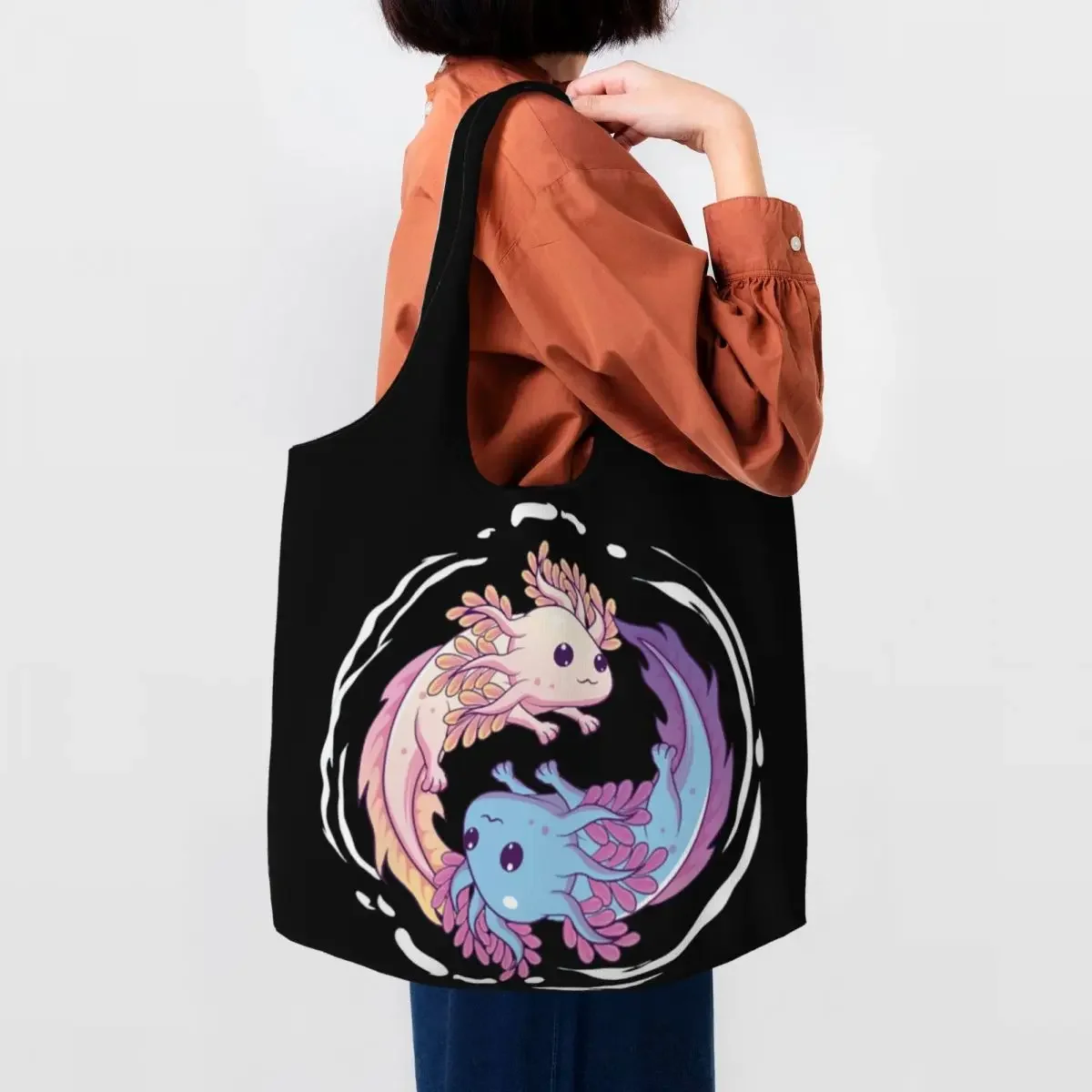 Yin Yang Axolotls Zen Axolotl Meditation Yoga Mantra Shopping Tote Bag Salamander Animal Canvas Groceries Shopper Shoulder Bag