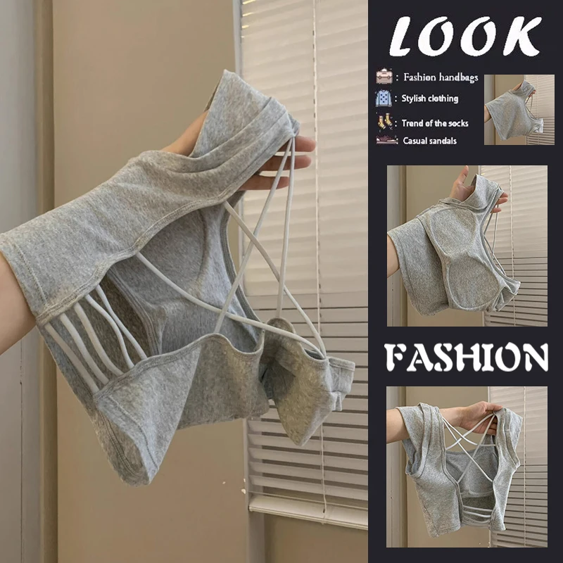 Gray Hot Girl Slim Fit Design Sense Strap Vest Women Versatile Personality Short Trendy Cotton Original Design round Neck Sho...